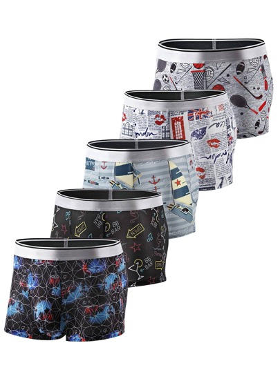 5 piezas calzoncillos boxer con cinta en contraste con estampado geométrico con letra al azar