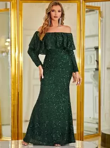 YISIKADO Off Shoulder Ruffle Trim Sequin Prom Dress - Dark Green - View 1