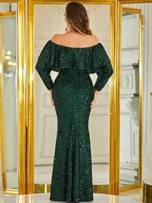 YISIKADO Off Shoulder Ruffle Trim Sequin Prom Dress - Dark Green - View 2