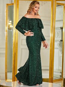 YISIKADO Off Shoulder Ruffle Trim Sequin Prom Dress - Dark Green - View 4