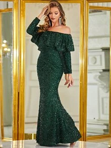 YISIKADO Off Shoulder Ruffle Trim Sequin Prom Dress - Dark Green - View 6
