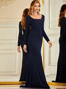 YISIKADO Square Neck Mermaid Hem Glitter Prom Dress - Navy Blue - View 4