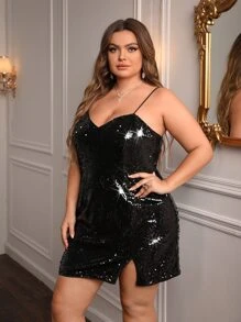 SHEIN Privé Plus Split Hem Sequins Cami Dress - Black - View 4