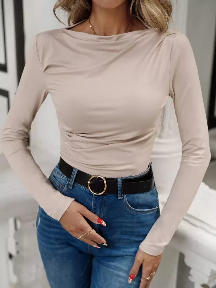 SHEIN Privé Camiseta de cuello barco fruncido - Albaricoque - Ver 1