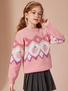 Teen Girls Strawberry & Floral Pattern Drop Shoulder Jumper - Pink - View 1