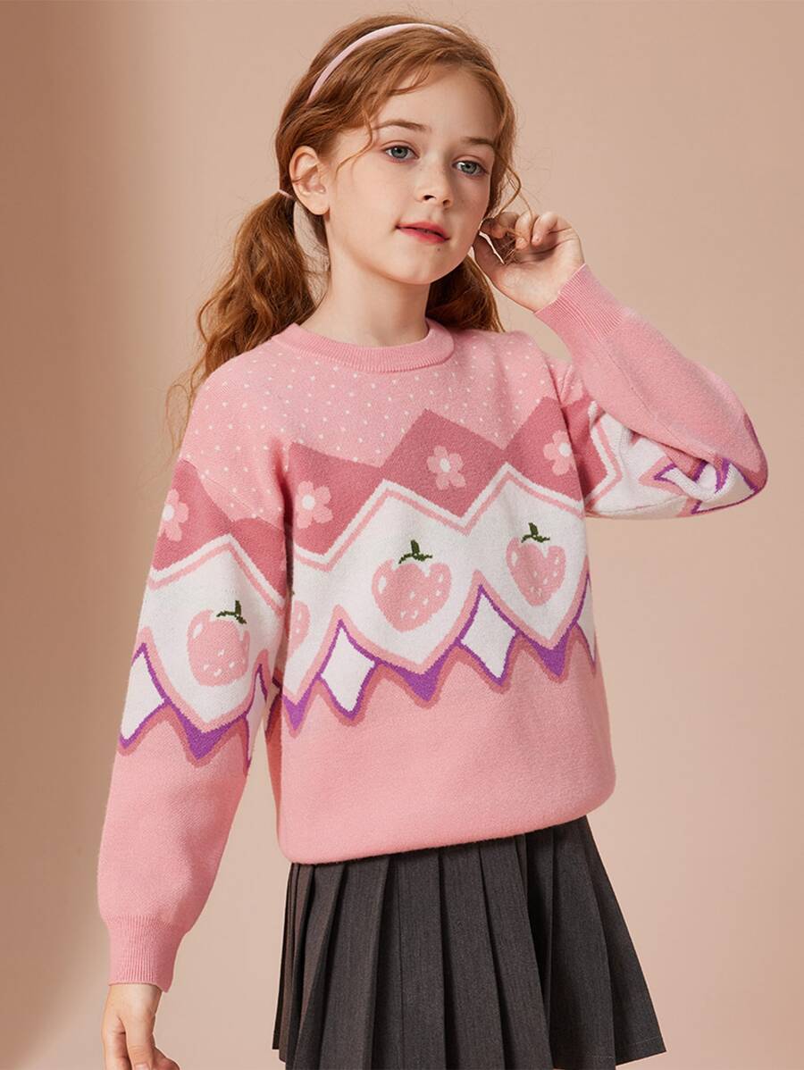 Teen Girls Strawberry & Floral Pattern Drop Shoulder Jumper - Pink - View 1