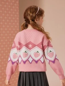 Teen Girls Strawberry & Floral Pattern Drop Shoulder Jumper - Pink - View 2
