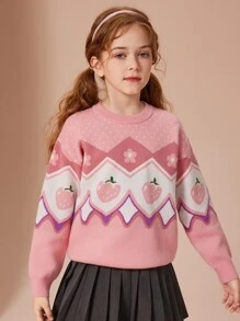 Teen Girls Strawberry & Floral Pattern Drop Shoulder Jumper - Pink - View 3