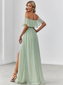 Off-Shoulder Ruffle Sleeve Side Slit A-Line Chiffon Sage Green Bridesmaid Dress, Wedding Guest Dress, Wedding/Vacation/Graduation Ceremony Spring - Mint Green - View 6