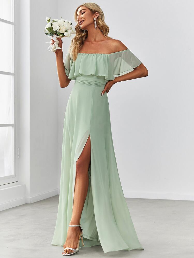 shein bridesmaid dresses sage green EVERPRETTY Elegant Open Shoulder Ruffle Sleeve Side Slit A-Line Chiffon Dress Fall Wedding Size:XXL 18 - 18 ½ Board Shorts Blue Bridal Shower Dresses