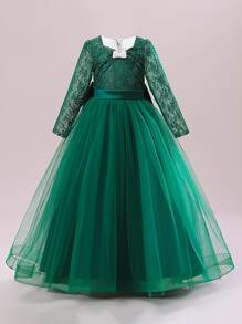 適合表演晚會模特的青少年女孩蝴蝶結花邊網眼主持禮服。頭飾不出售 - 墨綠色 - 查看 1