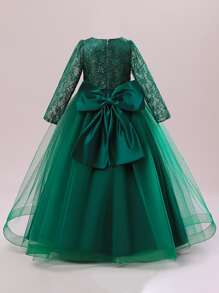 適合表演晚會模特的青少年女孩蝴蝶結花邊網眼主持禮服。頭飾不出售 - 墨綠色 - 查看 2