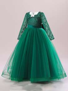 適合表演晚會模特的青少年女孩蝴蝶結花邊網眼主持禮服。頭飾不出售 - 墨綠色 - 查看 3