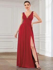 EVERPRETTY 褶邊高衩雪紡正式連衣裙 - 酒紅色 - 查看 5