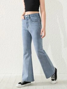 SHEIN 青少女單鈕扣扇形褲腿牛仔褲