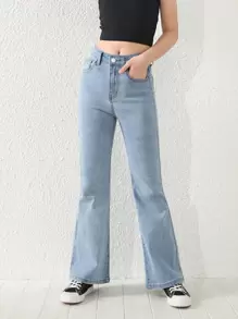 SHEIN 青少女單鈕扣扇形褲腿牛仔褲