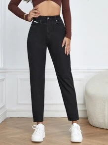 SHEIN Essnce High Waist Mom Fit Jeans - Black - View 4