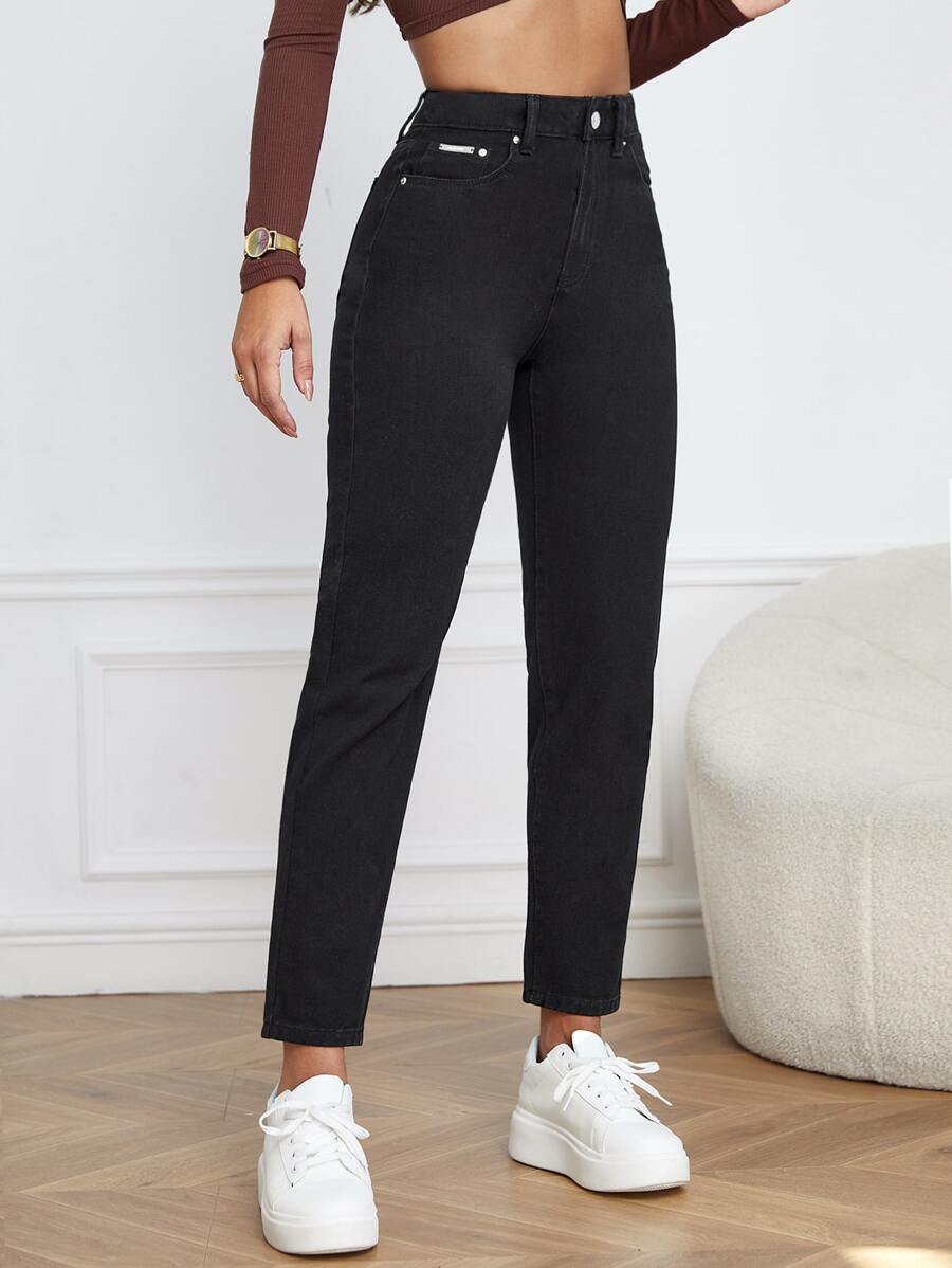 SHEIN Essnce High Waist Mom Fit Jeans - Black - View 1