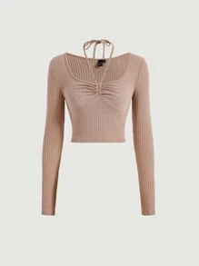 SHEIN MOD Ruched Bust Tie Back Crop Tee - Apricot - View 2