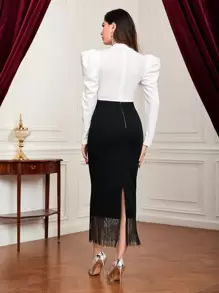 Modelyn 鎖眼領泡泡袖流蘇下擺緊身連衣裙 - 黑與白 - 查看 5