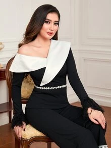 Modelyn Colourblock Contrast Fuzzy Cuff Sequin Fringe Hem Jumpsuit Without Belt - Black - View 5