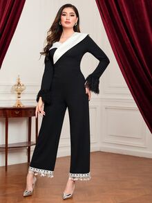 Modelyn Colourblock Contrast Fuzzy Cuff Sequin Fringe Hem Jumpsuit Without Belt - Black - View 4