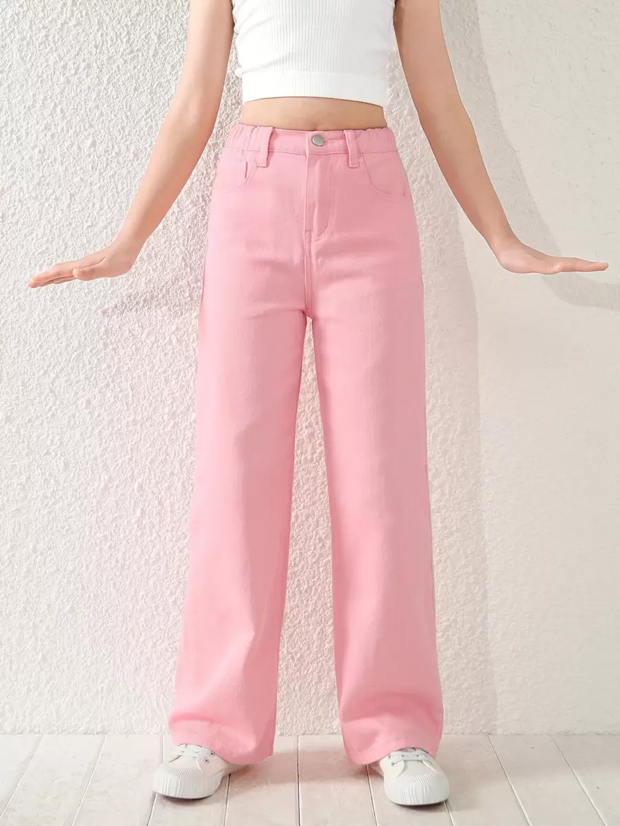 Tween Girl 休闲百搭四季可穿粉色洗水直筒牛仔裤 - 粉色 - 查看 1