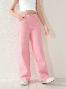 Tween Girl 休闲百搭四季可穿粉色洗水直筒牛仔裤 - 粉色 - 查看 3