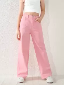 Tween Girl 休闲百搭四季可穿粉色洗水直筒牛仔裤 - 粉色 - 查看 4