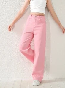 Tween Girl 休闲百搭四季可穿粉色洗水直筒牛仔裤 - 粉色 - 查看 6