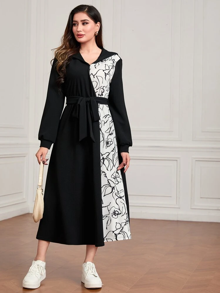 Mulvari Floral Print Colorblock Belted Hoodie Dress - Black and White - View 3