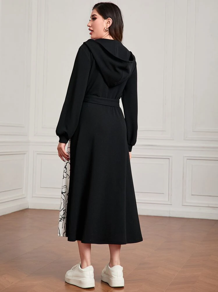 Mulvari Floral Print Colorblock Belted Hoodie Dress - Black and White - View 2