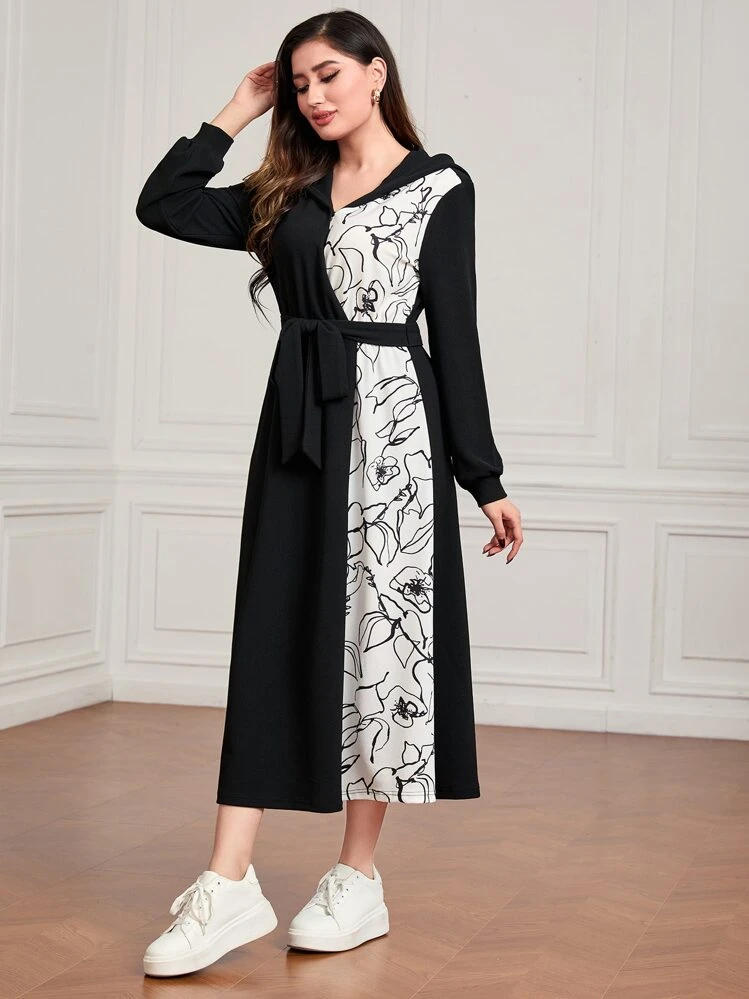 Mulvari Floral Print Colorblock Belted Hoodie Dress - Black and White - View 1