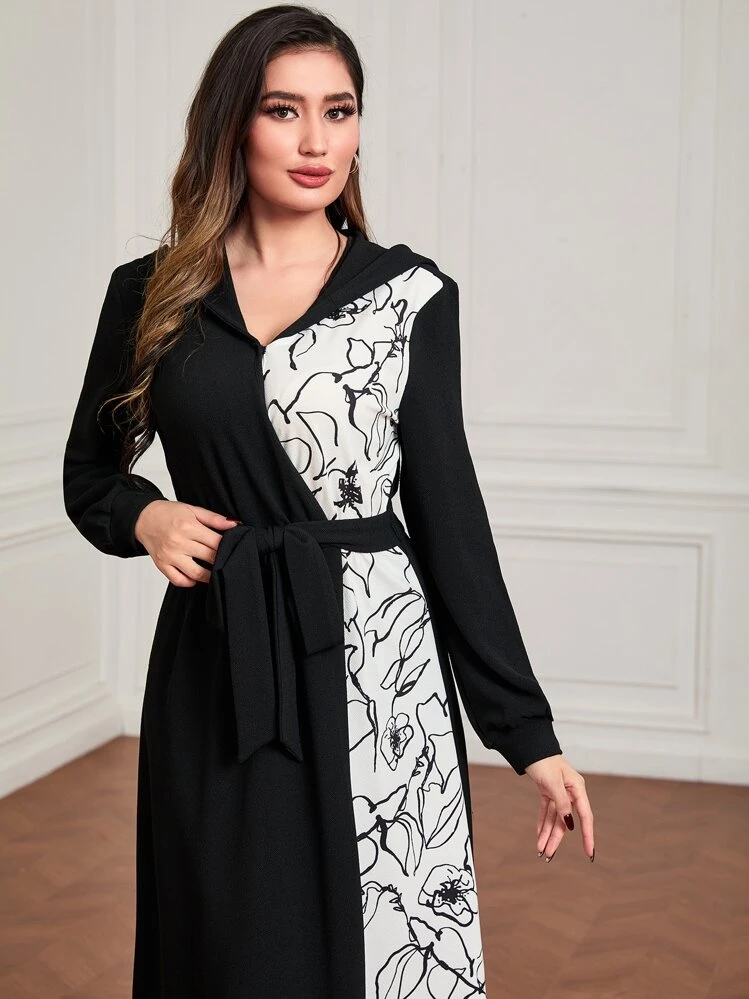 Mulvari Floral Print Colorblock Belted Hoodie Dress - Black and White - View 5