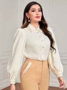 Modelyn Puff Sleeve Button Front Shirt - Beige - View 5