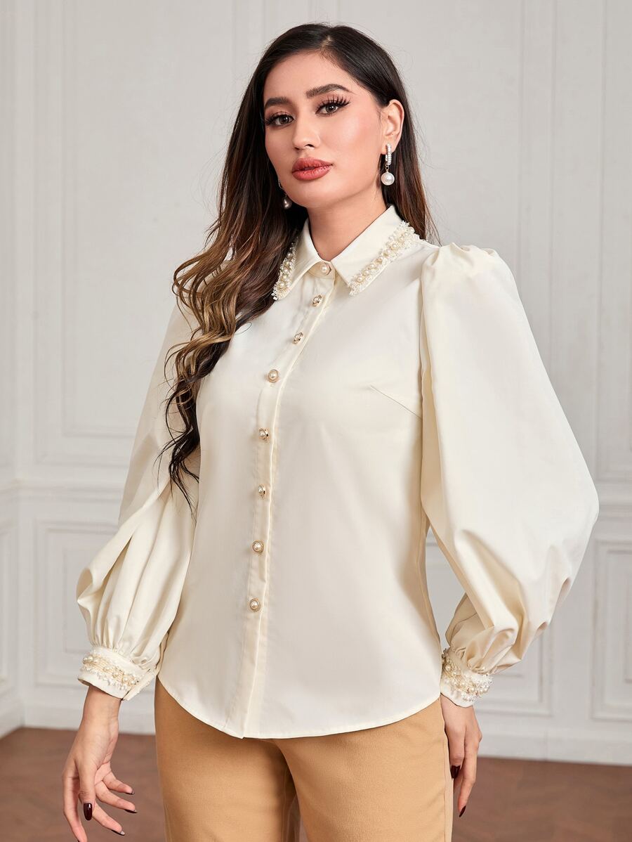 Modelyn Puff Sleeve Button Front Shirt - Beige - View 1