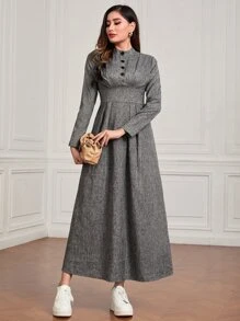 Mulvari 小高領前紐扣連衣裙 - 灰色 - 查看 3