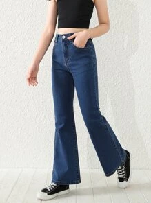 SHEIN Tween Girl Single Button Flare Leg Jeans Summer Holiday - Dark Wash - View 3