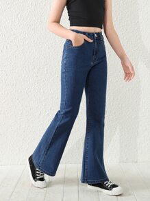 SHEIN Tween Girl Single Button Flare Leg Jeans Summer Holiday - Dark Wash - View 5