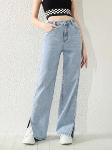 青少年女孩下擺開叉直筒牛仔褲 - 淺色水洗藍 - 查看 1