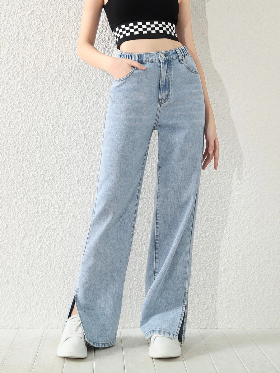 青少年女孩下擺開叉直筒牛仔褲 - 淺色水洗藍 - 查看 1