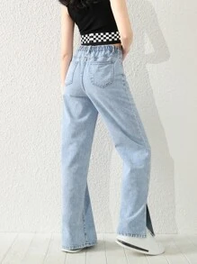 青少年女孩下擺開叉直筒牛仔褲 - 淺色水洗藍 - 查看 2