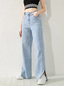 青少年女孩下擺開叉直筒牛仔褲 - 淺色水洗藍 - 查看 3