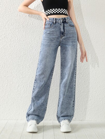 SHEIN 青少年女孩斜口袋直筒牛仔褲