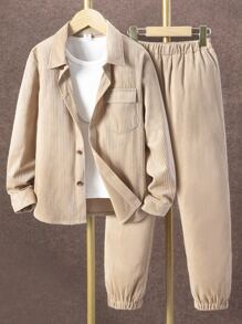 Boys Flap Pocket Shirt & Trousers Without Tee - Khaki - View 1