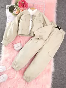 SHEIN 少女拼接版型法師袖夾克＆裝載褲