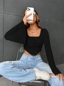 SHEIN EZwear 方領荷葉袖短款T恤 - 黑色 - 查看 1