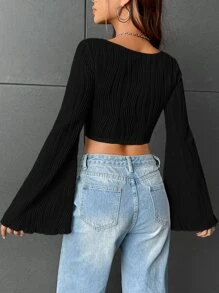 SHEIN EZwear 方領荷葉袖短款T恤 - 黑色 - 查看 2