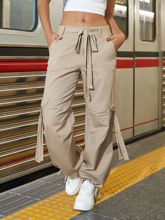 腰部打結口袋貼布工裝褲