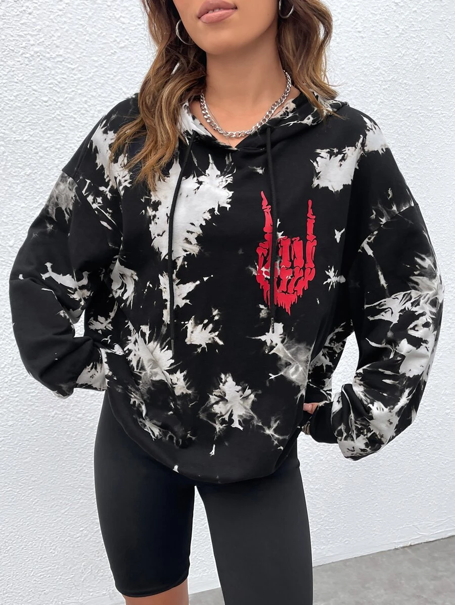 SHEIN EZwear Skull Print Drop Shoulder Tie Dye Hoodie - Black and White - View 1